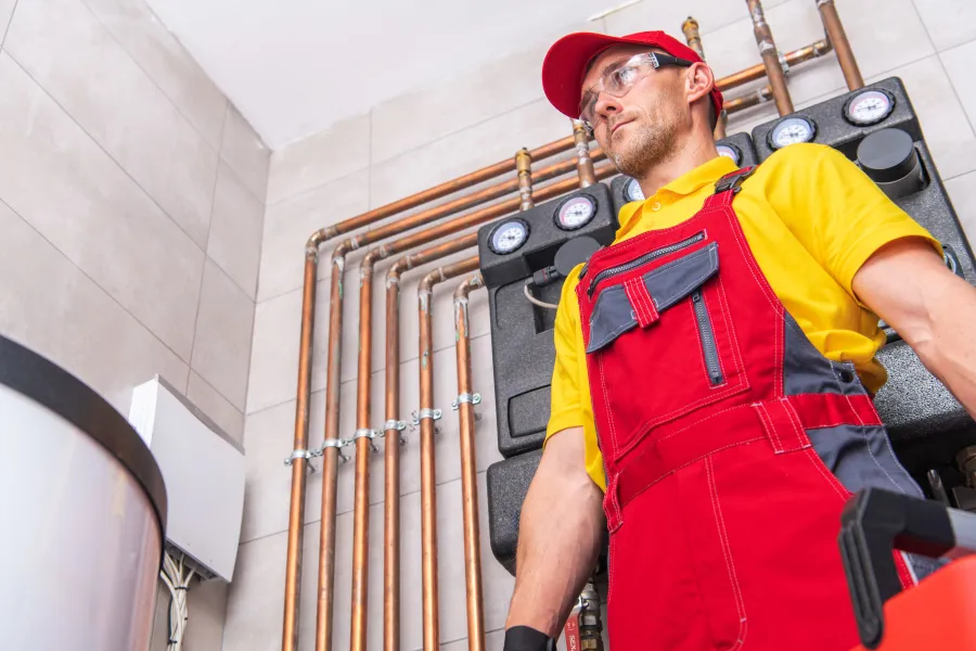 Plumber Working on Pipes in a Modern Facility During Daylight Hours